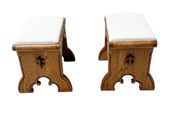 Arts & Crafts Hand-Carved Oak Stools with Boucle Upholstery, 1900s